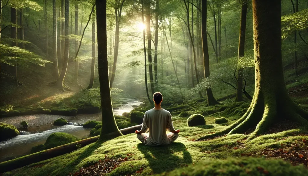 Meditación Guiada en la Naturaleza 🌿✨ Persona meditando al aire libre en un bosque verde, rodeada de naturaleza y tranquilidad.