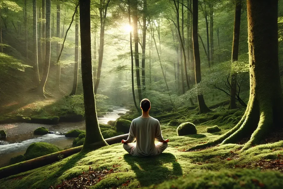 Persona meditando al aire libre en un bosque verde, rodeada de naturaleza y tranquilidad.