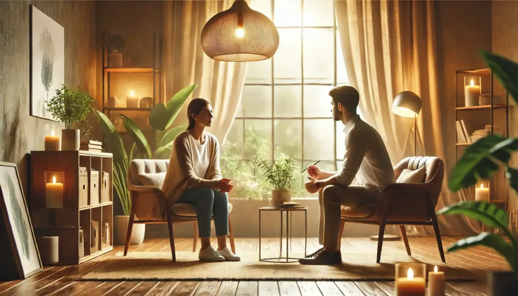 Coaching de Vida Holístico en un Entorno Sereno Sesión de coaching de vida en un ambiente cálido y relajante, donde un coach escucha atentamente a su cliente en un entorno armonioso con iluminación suave y elementos naturales.
