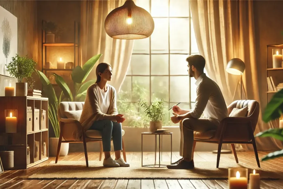 Sesión de coaching de vida en un ambiente cálido y relajante, donde un coach escucha atentamente a su cliente en un entorno armonioso con iluminación suave y elementos naturales.