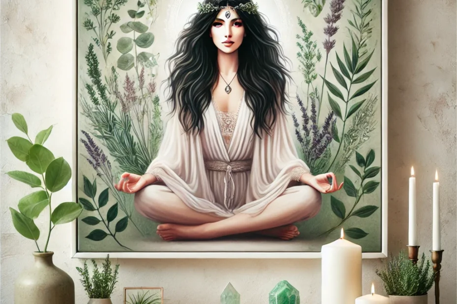 Mujer de cabello oscuro en postura de meditación rodeada de plantas y cristales, representando el coaching de vida holístico y terapias de bienestar. Ambiente tranquilo con velas y elementos naturales, evocando equilibrio espiritual y paz interior.