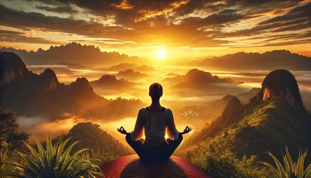 Conexión Interior: Yoga y Meditación al Amanecer Persona meditando en la cima de una montaña al amanecer, disfrutando de un paisaje sereno con cielo dorado y montañas cubiertas de niebla, simbolizando equilibrio y bienestar.