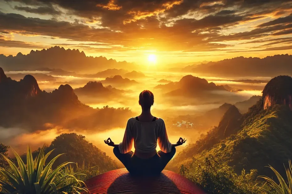 Persona meditando en la cima de una montaña al amanecer, disfrutando de un paisaje sereno con cielo dorado y montañas cubiertas de niebla, simbolizando equilibrio y bienestar.