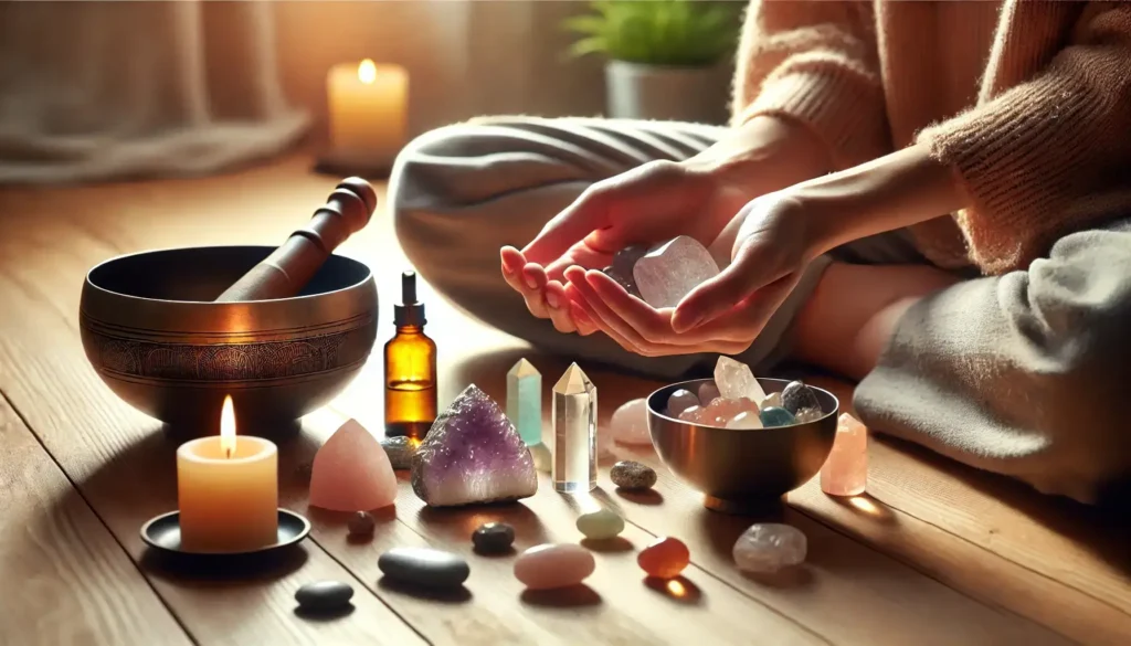 Cristaloterapia Sanación Energética con Piedras Naturales Manos sosteniendo cristales energéticos para terapia holística sobre un fondo armonioso.