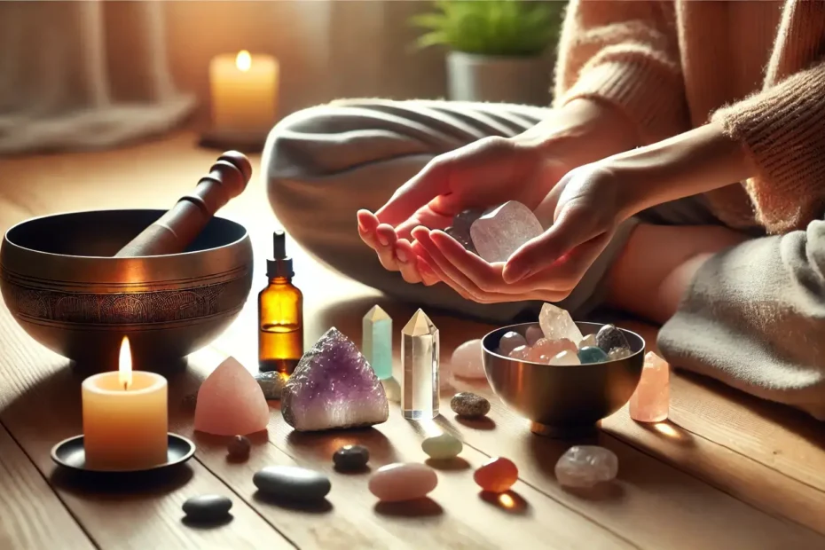 Manos sosteniendo cristales energéticos para terapia holística sobre un fondo armonioso.