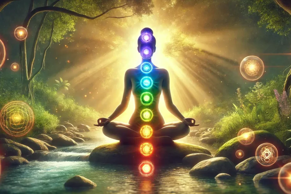 Persona meditando en un entorno natural con los siete chakras alineados, rodeada de energía luminosa y un ambiente armonioso.