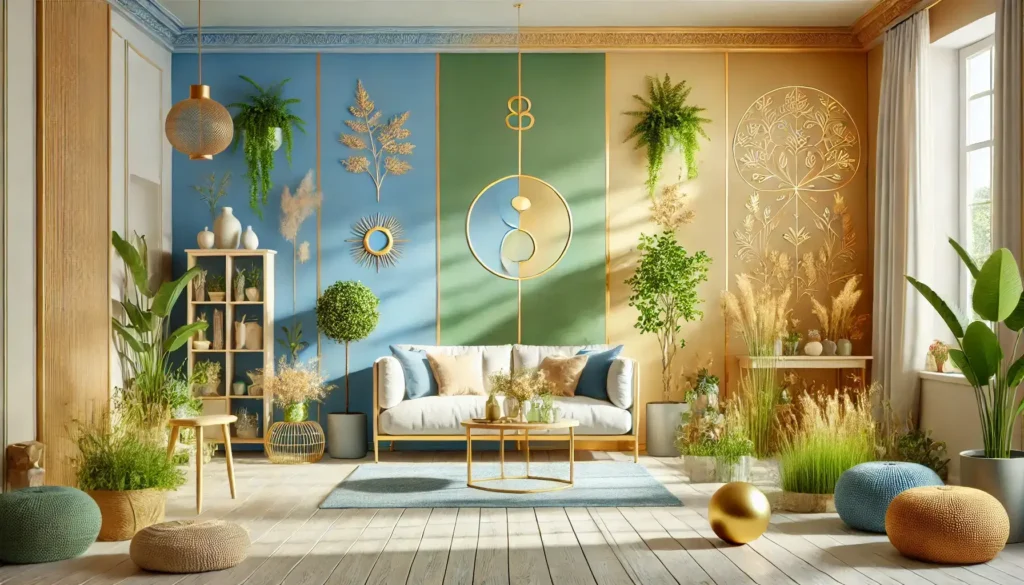 La energía de los colores en el hogar: armonía y bienestar Un salón decorado con colores armoniosos que representan equilibrio y energía. Las paredes en tonos azules, verdes y dorados reflejan serenidad, renovación y prosperidad, creando un ambiente acogedor y lleno de luz natural.