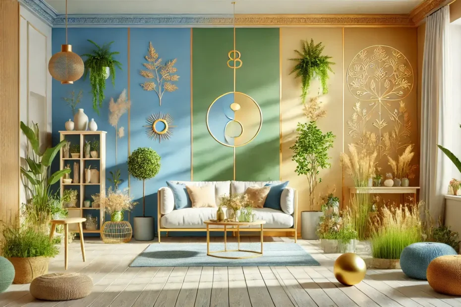 Un salón decorado con colores armoniosos que representan equilibrio y energía. Las paredes en tonos azules, verdes y dorados reflejan serenidad, renovación y prosperidad, creando un ambiente acogedor y lleno de luz natural.