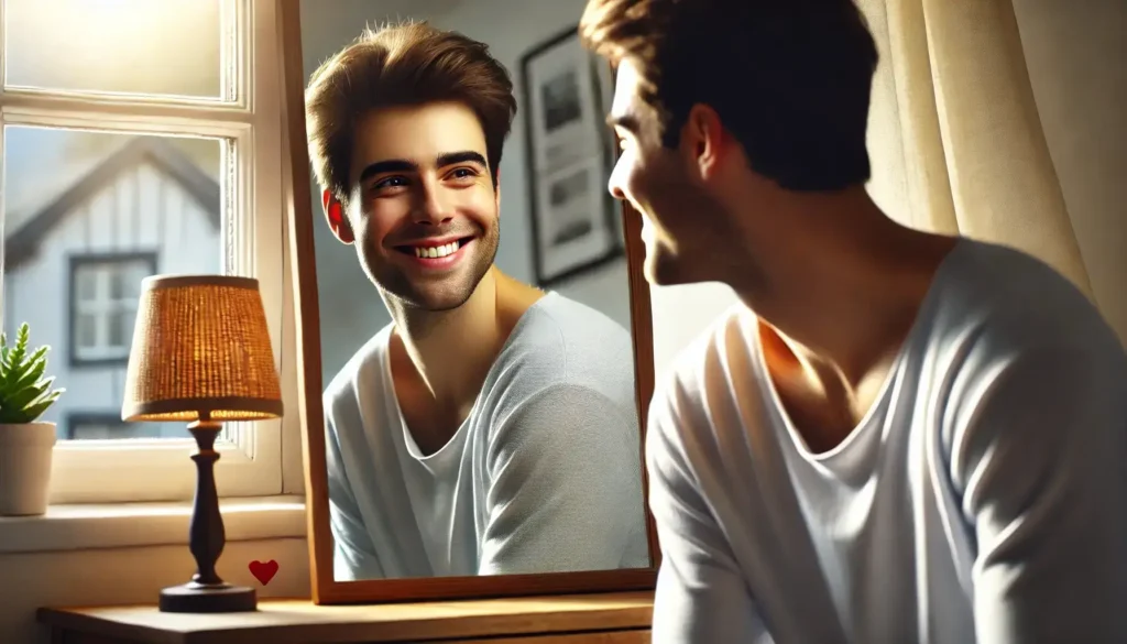 Reflexión y autoestima frente al espejo Persona sonriendo frente a un espejo en un ambiente acogedor, transmitiendo confianza y autoaceptación.