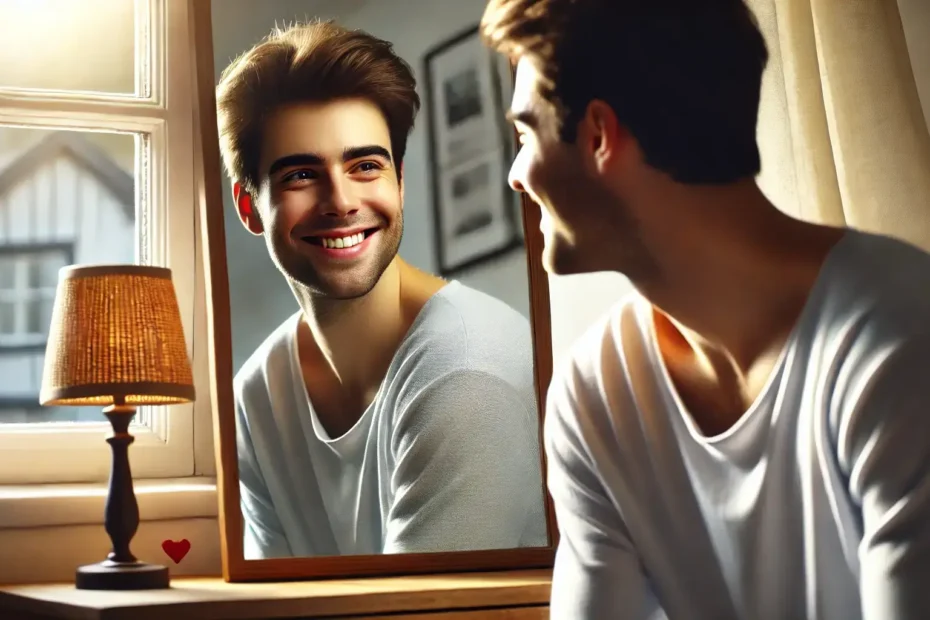 Persona sonriendo frente a un espejo en un ambiente acogedor, transmitiendo confianza y autoaceptación.