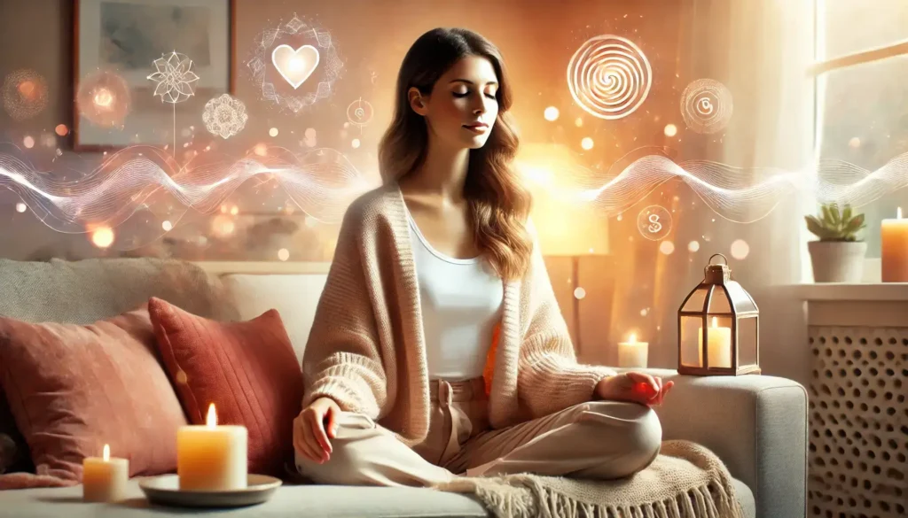 Terapia Emocional y Bienestar Interior Mujer meditando en un ambiente acogedor con velas y energía relajante, simbolizando la sanación emocional y el equilibrio interior.