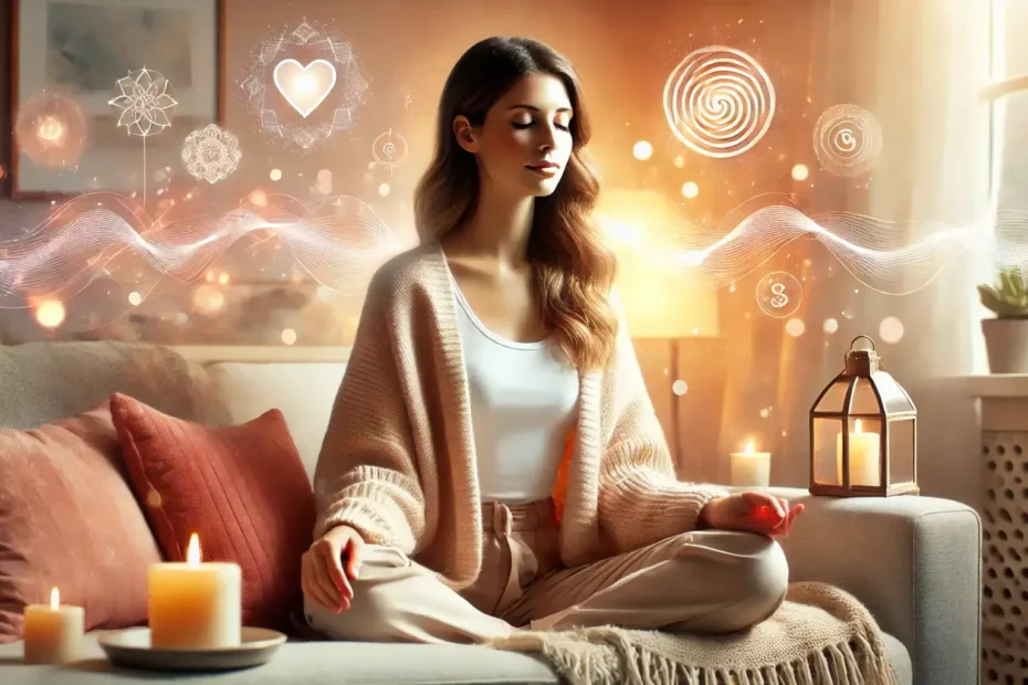 Mujer meditando en un ambiente acogedor con velas y energía relajante, simbolizando la sanación emocional y el equilibrio interior.