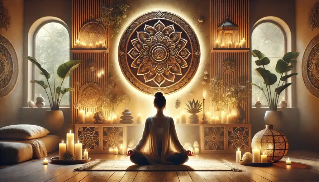 Terapias Holísticas para el Equilibrio Energético Ilustración de un ambiente armonioso con elementos espirituales, donde una persona medita rodeada de símbolos energéticos y luces cálidas, representando el equilibrio a través de las terapias holísticas.