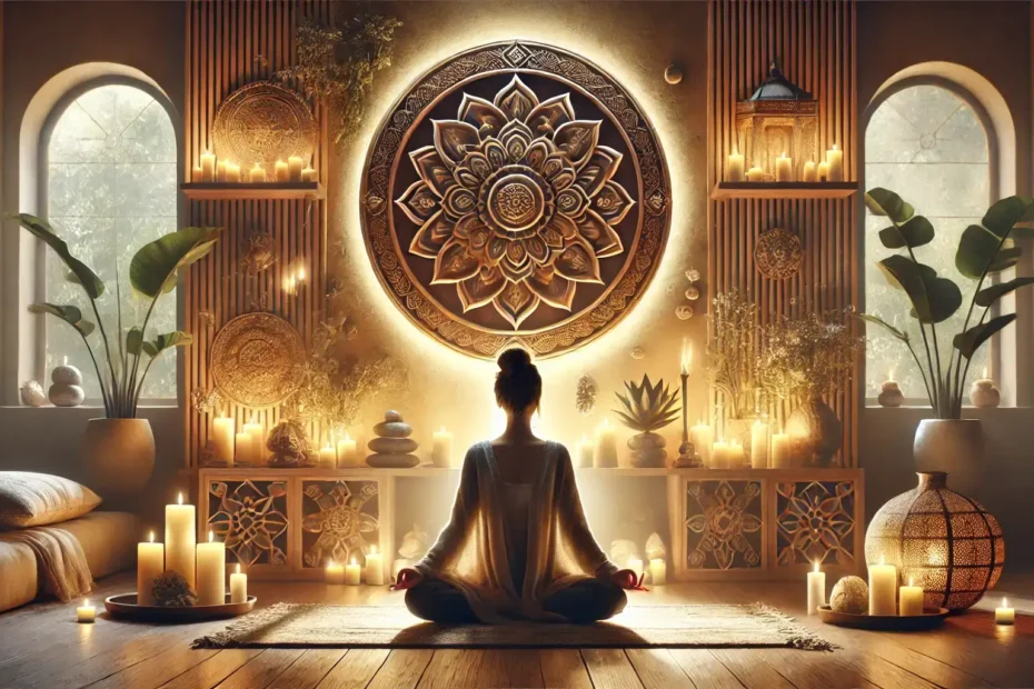 Ilustración de un ambiente armonioso con elementos espirituales, donde una persona medita rodeada de símbolos energéticos y luces cálidas, representando el equilibrio a través de las terapias holísticas.